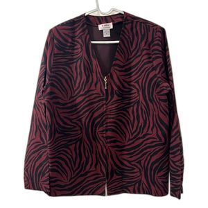 Cathy by Cathy Daniels Maroon Black Animal Zebra Print Full Zip Cardigan Size 16
